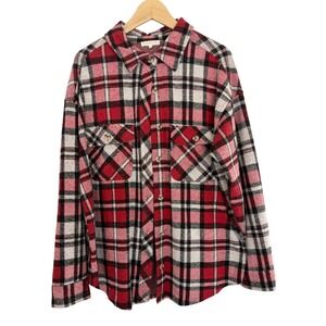 Ultra Flirt Womens 1X Red Black Plaid Button Down Shacket RK330242 Long Sleeve